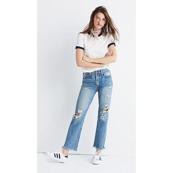 Madewell Rivet & Thread Distressed Straight-Leg Jeans Retro Distressed Size 24 - Picture 1 of 16